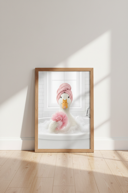 Funny Duck in Bathtub Wall Art Print | Pink Bathroom Decor | Whimsical Animal Poster