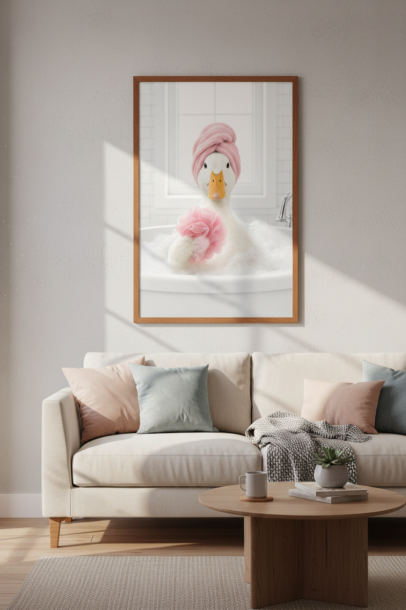 Funny Duck in Bathtub Wall Art Print | Pink Bathroom Decor | Whimsical Animal Poster