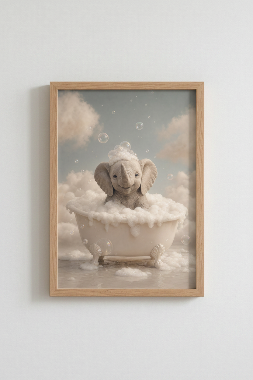 Baby Elephant in Bathtub Wall Art | Cute Nursery Decor | Whimsical Poster