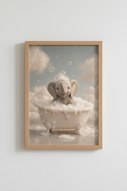 Baby Elephant in Bathtub Wall Art | Cute Nursery Decor | Whimsical Poster