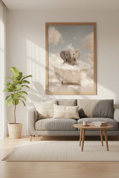 Baby Elephant in Bathtub Wall Art | Cute Nursery Decor | Whimsical Poster