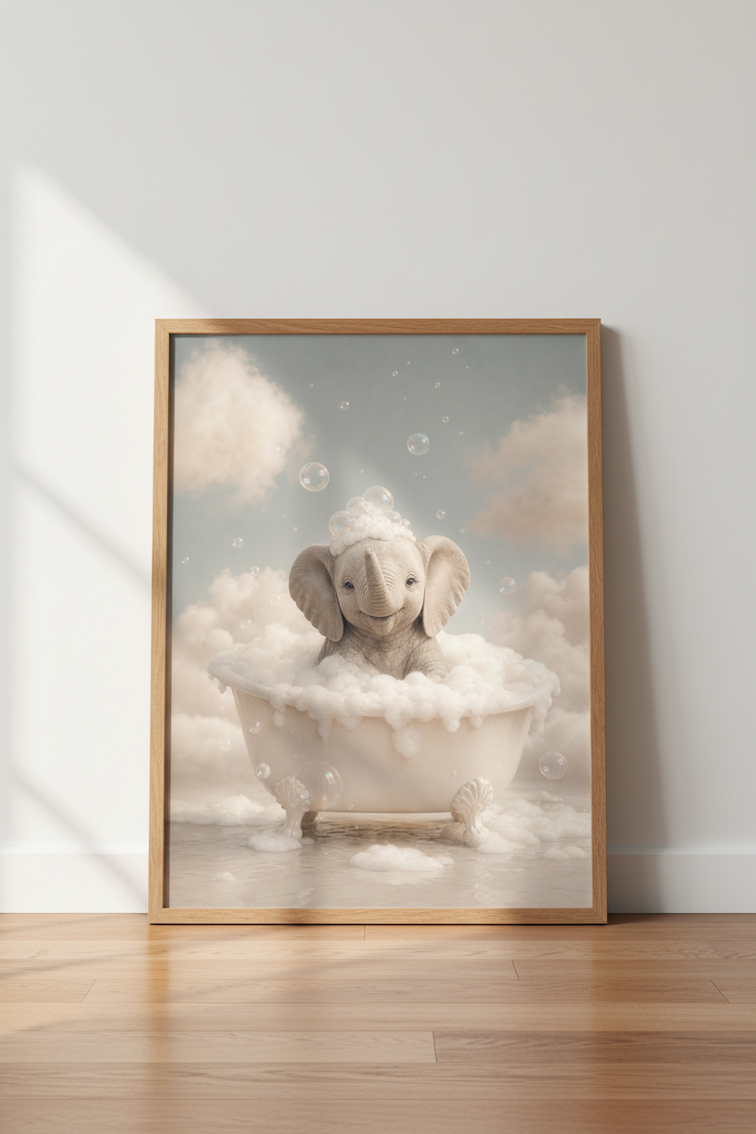 Baby Elephant in Bathtub Wall Art | Cute Nursery Decor | Whimsical Poster