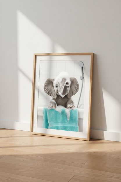 Baby Elephant Bath Wall Art | Blue &amp; White Animal Decor | Cute Bathroom Poster