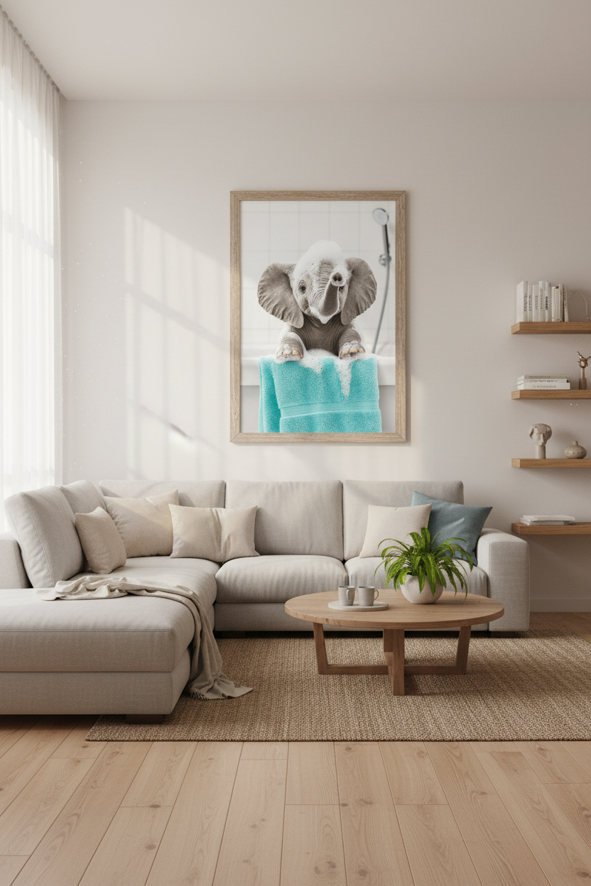 Baby Elephant Bath Wall Art | Blue &amp; White Animal Decor | Cute Bathroom Poster