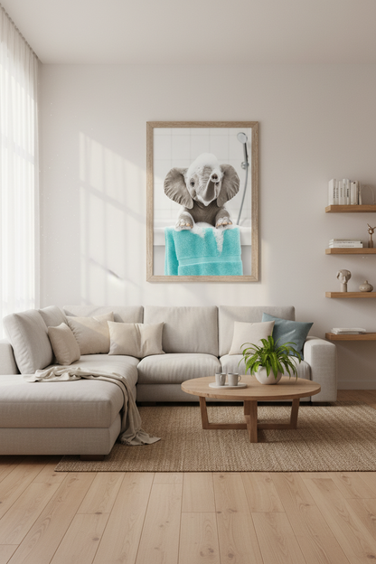 Baby Elephant Bath Wall Art | Blue &amp; White Animal Decor | Cute Bathroom Poster