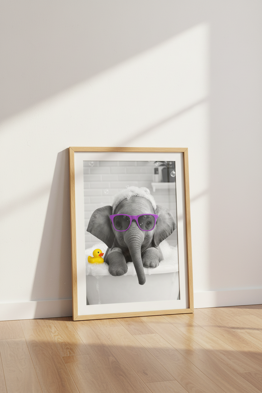 Elephant in Bathtub Art | Purple Sunglasses &amp; Yellow Duck Print, Funny Bathroom Decor