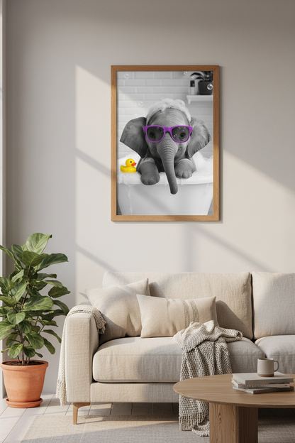 Elephant in Bathtub Art | Purple Sunglasses &amp; Yellow Duck Print, Funny Bathroom Decor