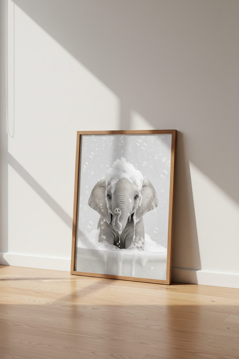Baby Elephant Bubble Bath | Cute Animal Neutral Gray, Kids Bathroom Decor