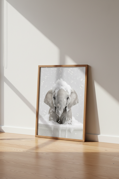 Baby Elephant Bubble Bath | Cute Animal Neutral Gray, Kids Bathroom Decor