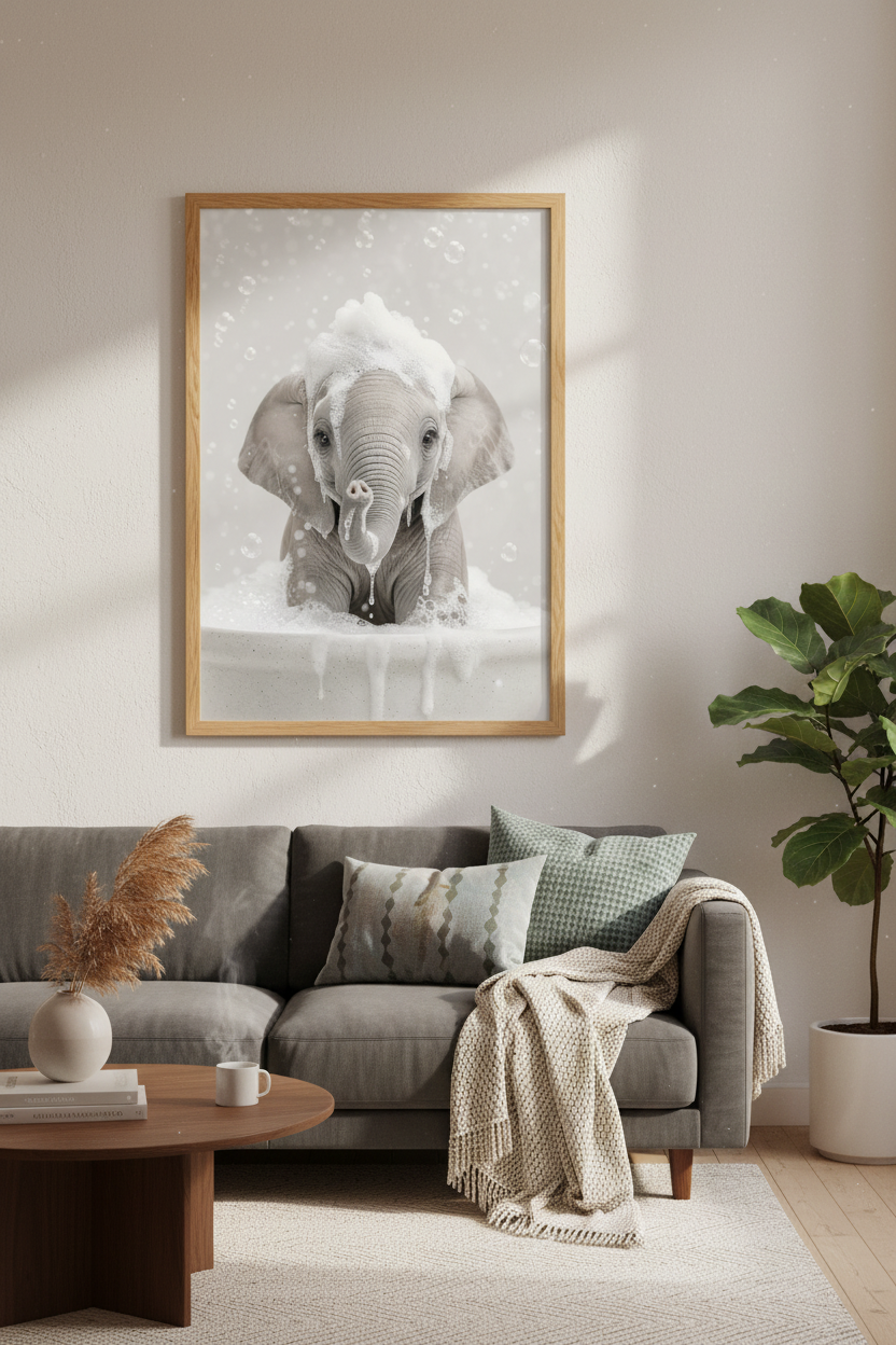 Baby Elephant Bubble Bath | Cute Animal Neutral Gray, Kids Bathroom Decor
