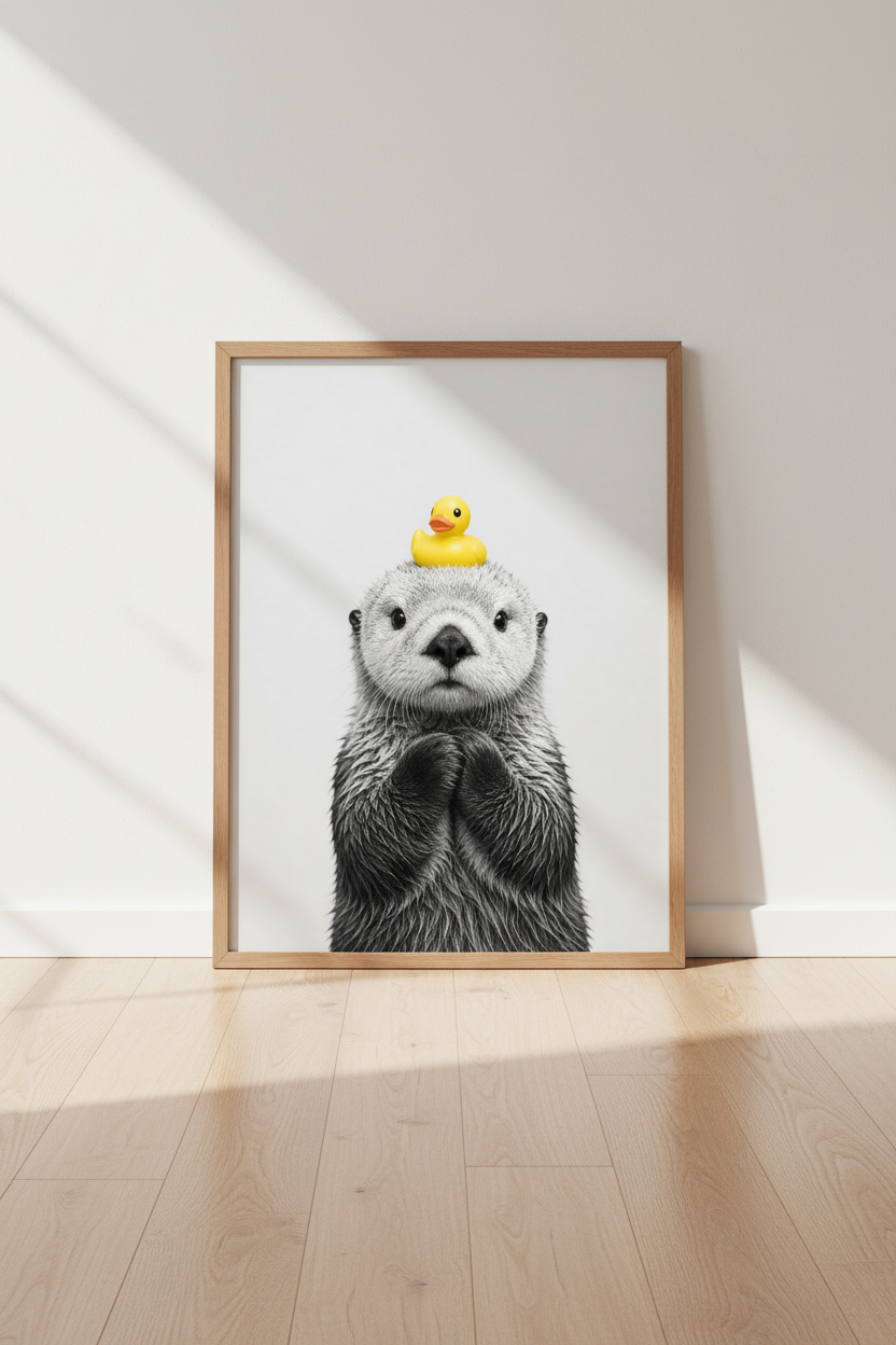 Cute Otter with Rubber Duck Wall Art | Minimalist Animal Poster, Bathroom Nursery Decor