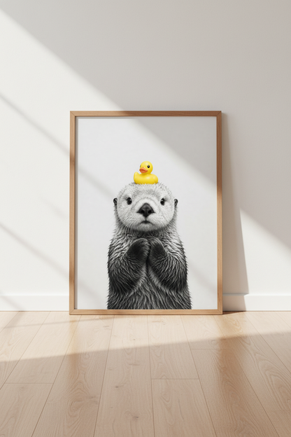 Cute Otter with Rubber Duck Wall Art | Minimalist Animal Poster, Bathroom Nursery Decor
