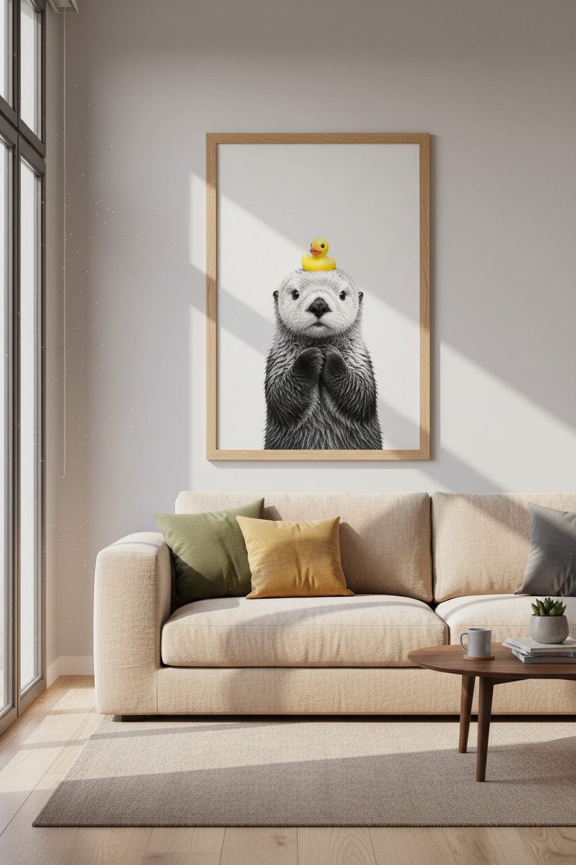 Cute Otter with Rubber Duck Wall Art | Minimalist Animal Poster, Bathroom Nursery Decor