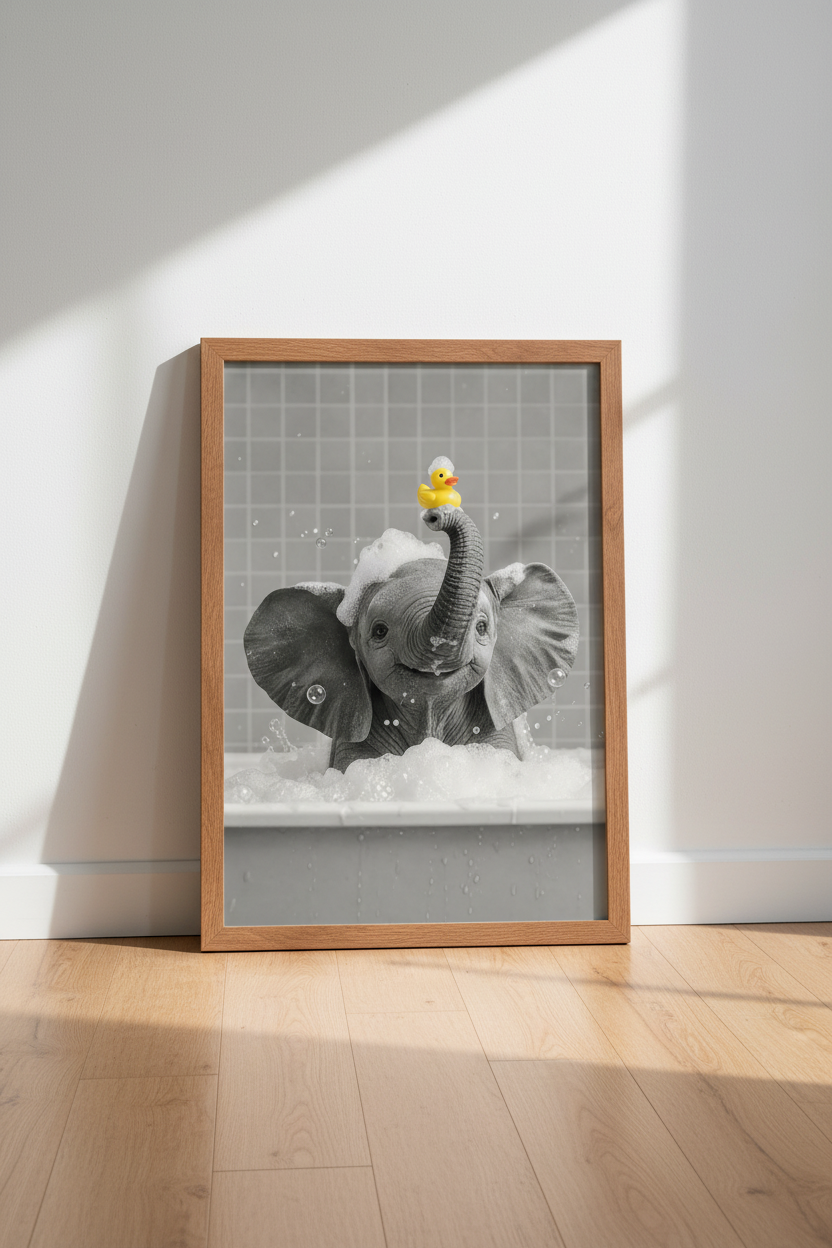 Baby Elephant Bath Time Wall Art | Grey &amp; Yellow Bathroom Decor | Whimsical Animal Poster