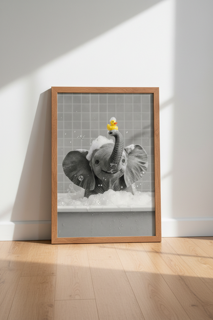 Baby Elephant Bath Time Wall Art | Grey &amp; Yellow Bathroom Decor | Whimsical Animal Poster