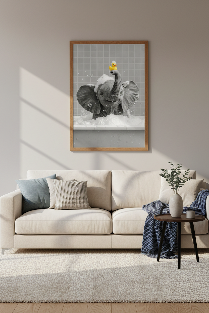 Baby Elephant Bath Time Wall Art | Grey &amp; Yellow Bathroom Decor | Whimsical Animal Poster