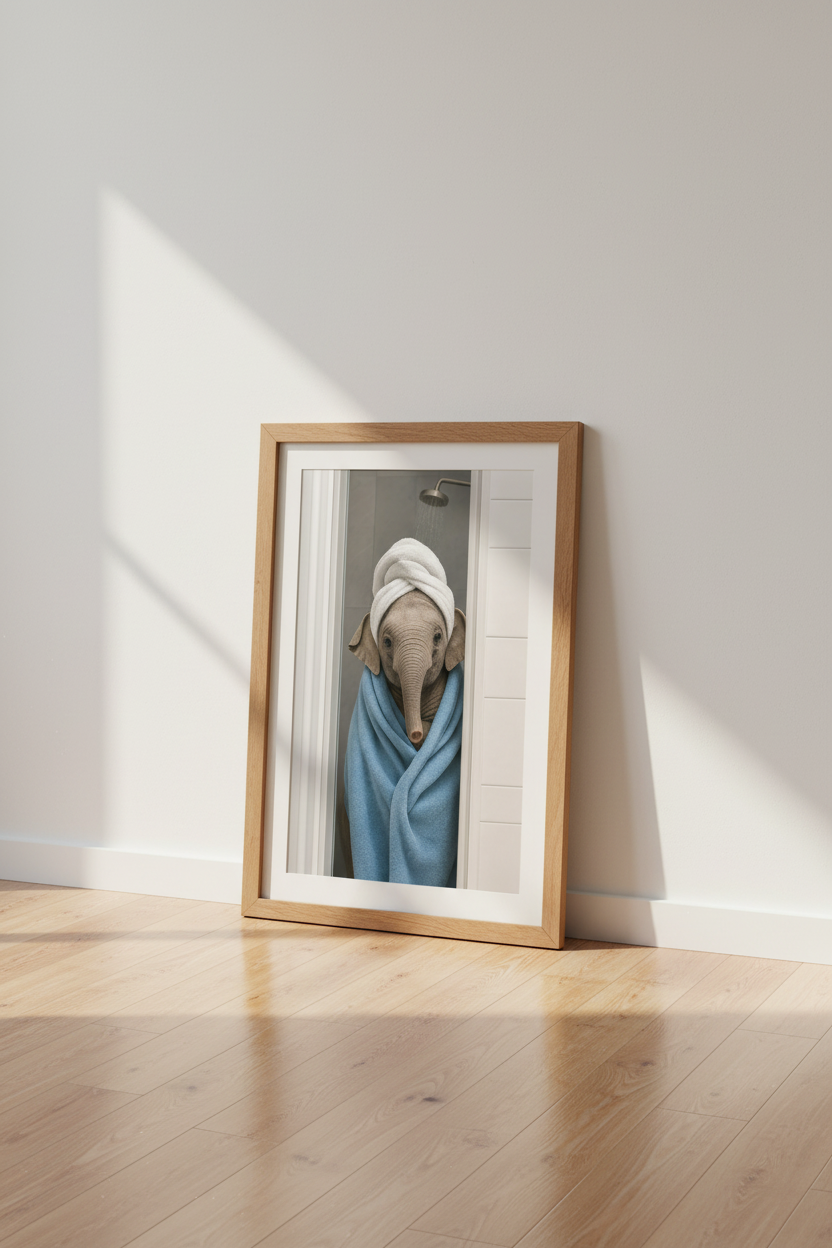 Elephant in Towel Wall Art | Funny Bathroom Decor, Blue &amp; White Poster