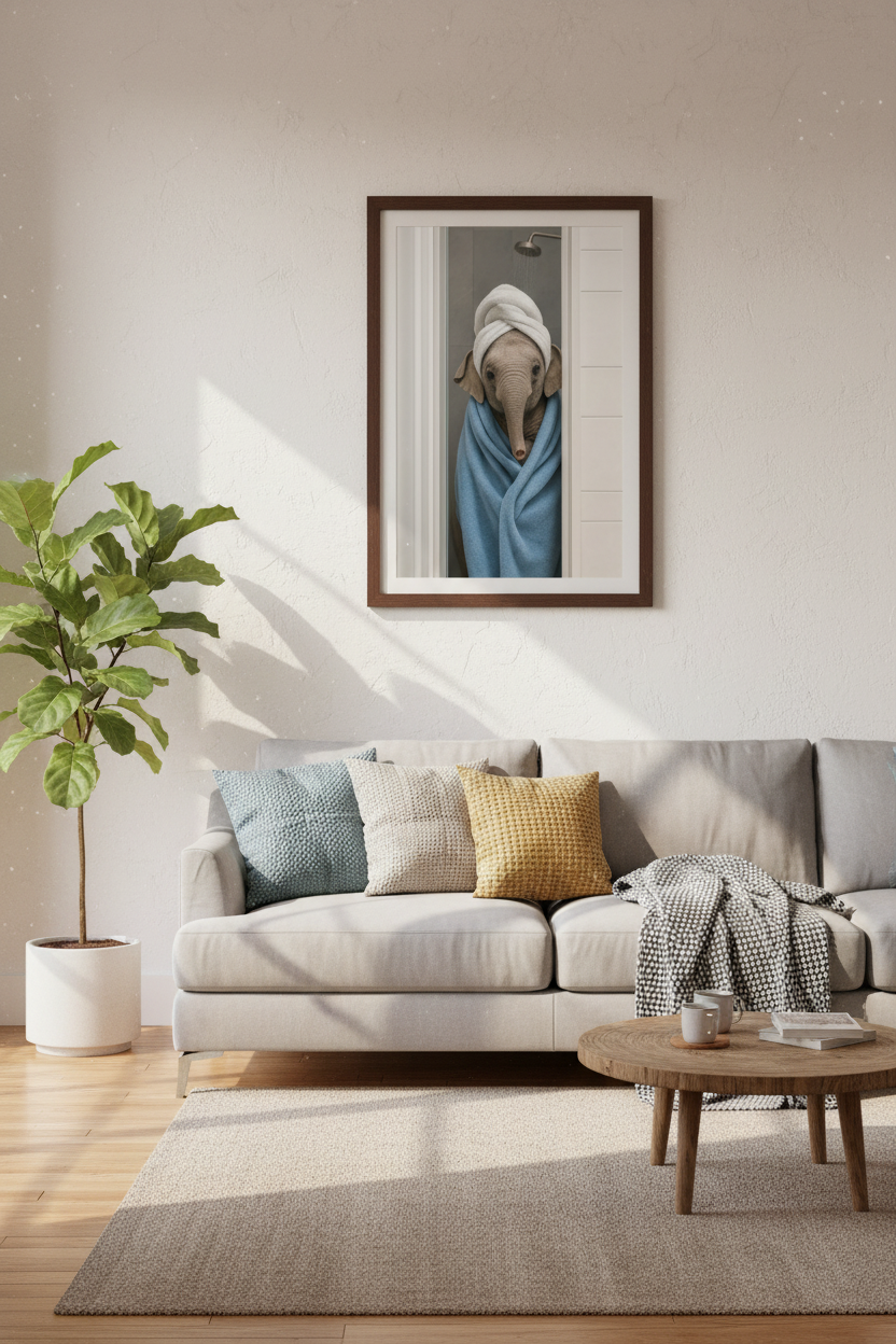 Elephant in Towel Wall Art | Funny Bathroom Decor, Blue &amp; White Poster