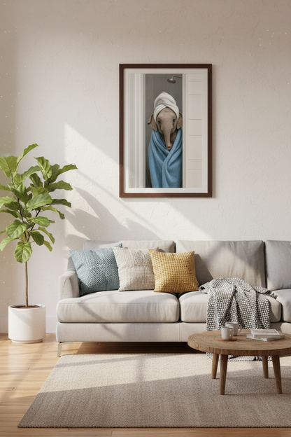 Elephant in Towel Wall Art | Funny Bathroom Decor, Blue &amp; White Poster
