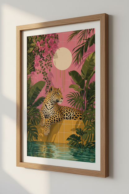 Leopard Jungle Pool Art | Tropical Pink &amp; Green Decor | Maximalist Poster