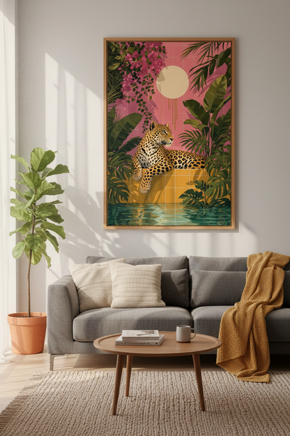 Leopard Jungle Pool Art | Tropical Pink &amp; Green Decor | Maximalist Poster
