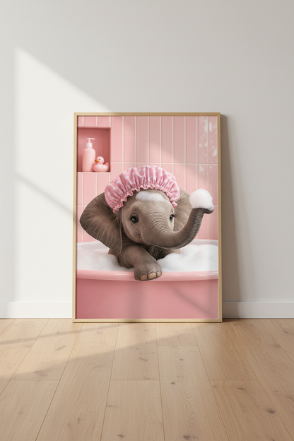 Baby Elephant in Bath Wall Art | Pink Nursery Decor | Whimsical Animal Poster