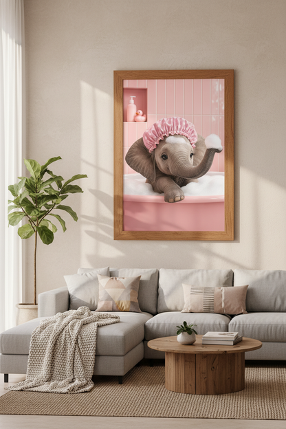 Baby Elephant in Bath Wall Art | Pink Nursery Decor | Whimsical Animal Poster