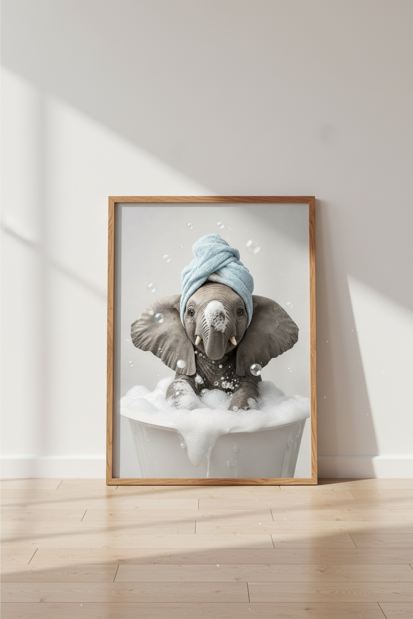 Baby Elephant in Bathtub | Cute Animal Blue Towel Art, Bathroom Nursery Decor
