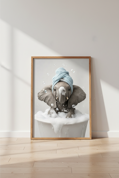 Baby Elephant in Bathtub | Cute Animal Blue Towel Art, Bathroom Nursery Decor