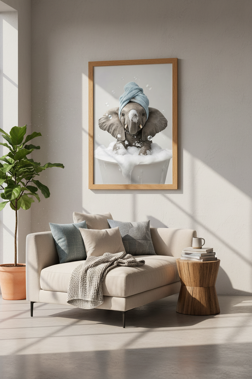 Baby Elephant in Bathtub | Cute Animal Blue Towel Art, Bathroom Nursery Decor