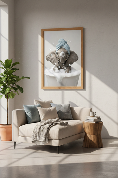Baby Elephant in Bathtub | Cute Animal Blue Towel Art, Bathroom Nursery Decor