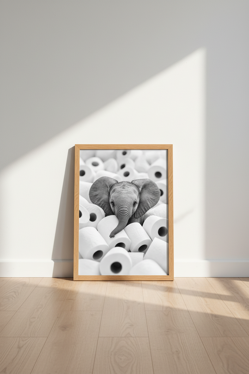 Elephant Toilet Paper Wall Art | Black &amp; White Funny Bathroom Decor, Minimalist Poster