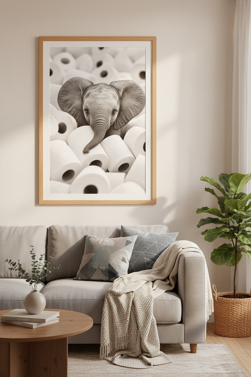 Elephant Toilet Paper Wall Art | Black &amp; White Funny Bathroom Decor, Minimalist Poster