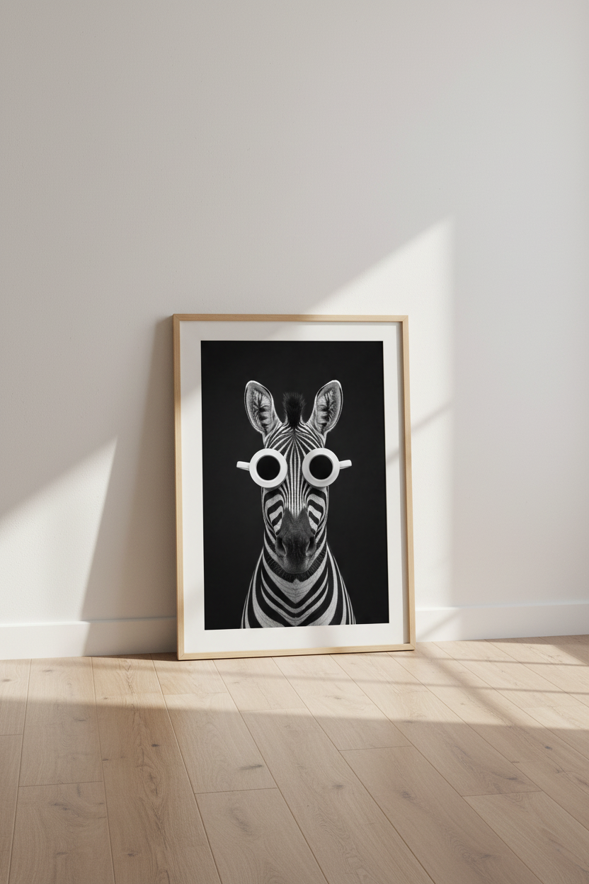 Zebra Coffee Cup Glasses Wall Art | Black &amp; White Funny Animal Poster | Kitchen Decor