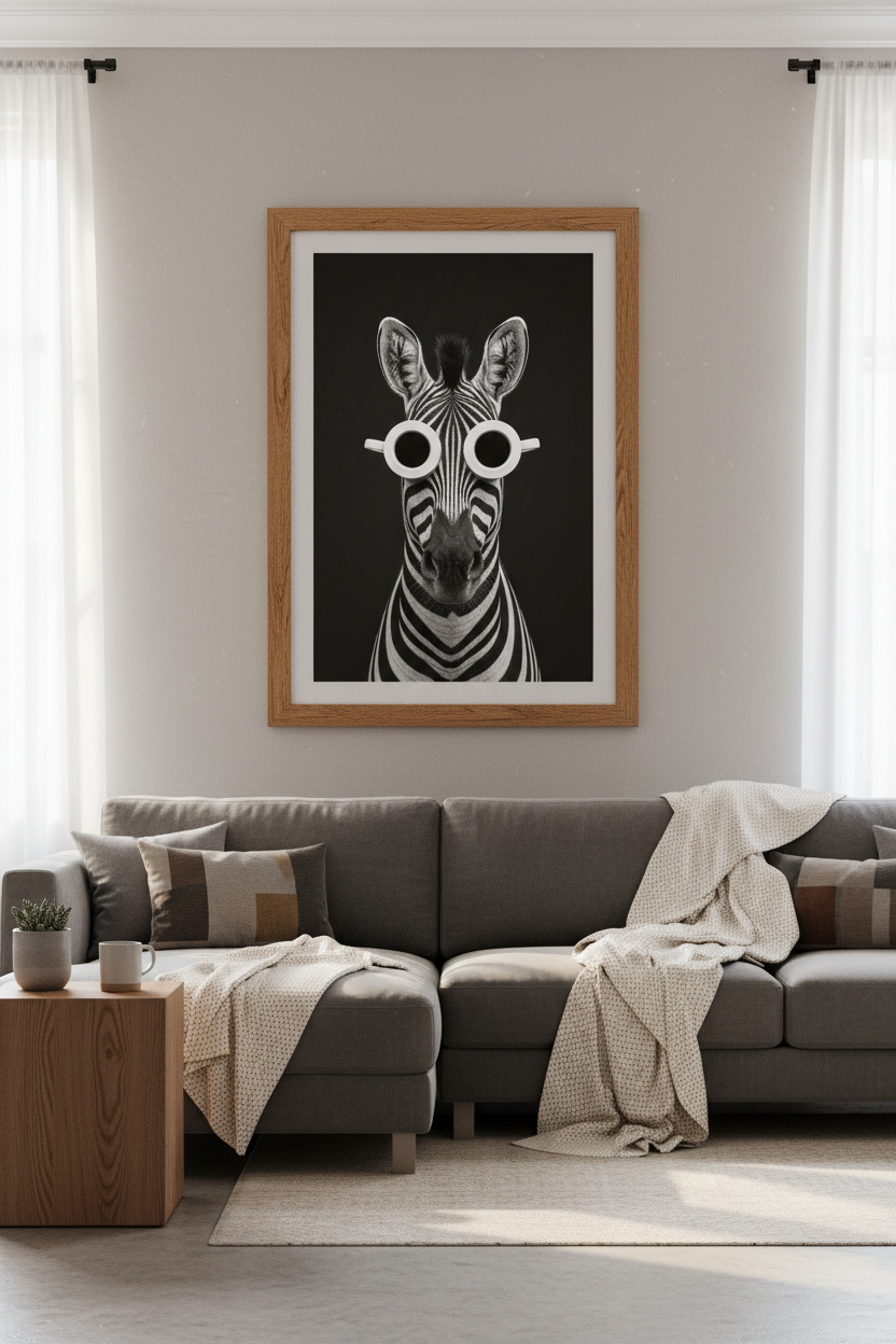 Zebra Coffee Cup Glasses Wall Art | Black &amp; White Funny Animal Poster | Kitchen Decor