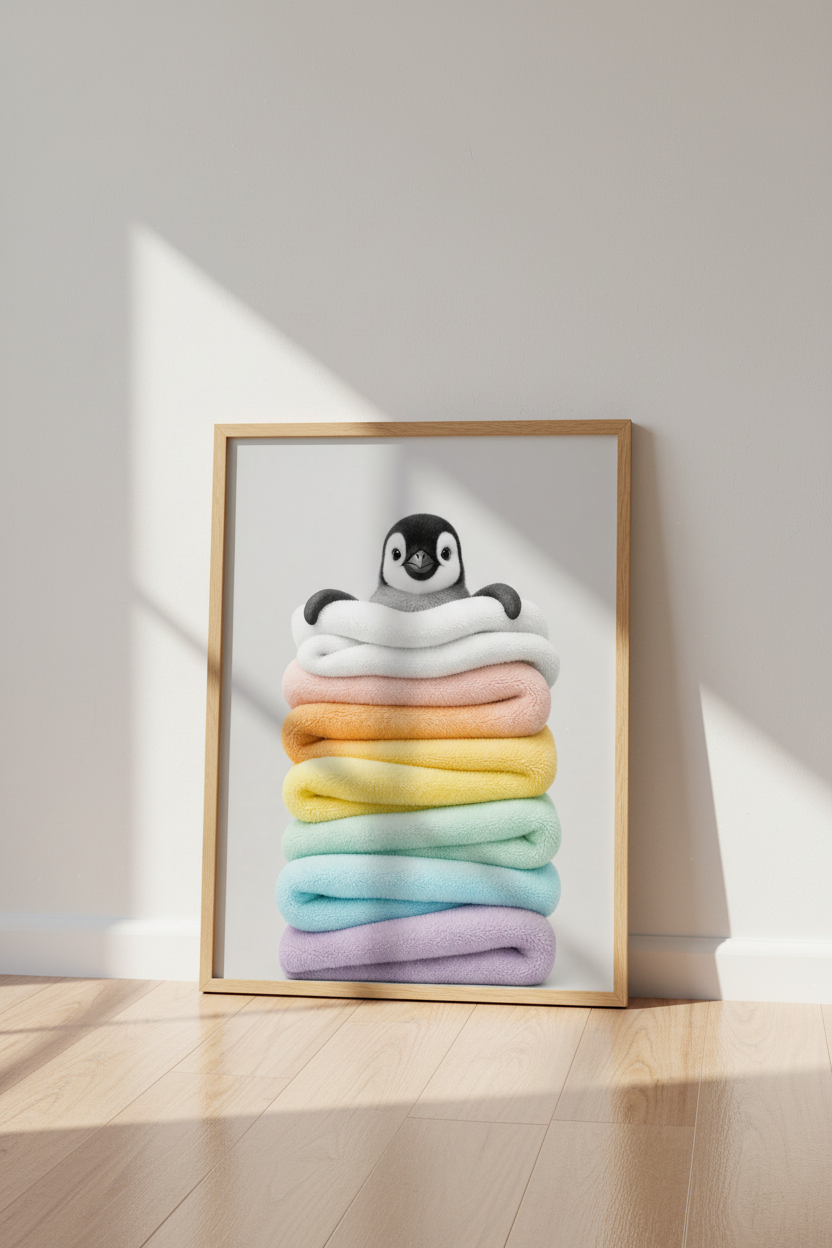 Baby Penguin in Blankets Art | Rainbow Pastel Nursery Decor | Cute Animal Poster
