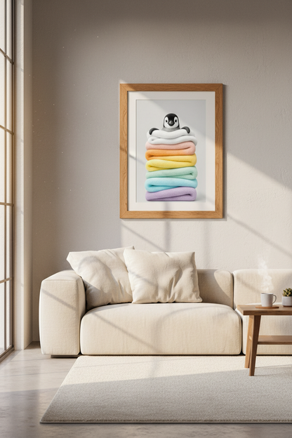 Baby Penguin in Blankets Art | Rainbow Pastel Nursery Decor | Cute Animal Poster