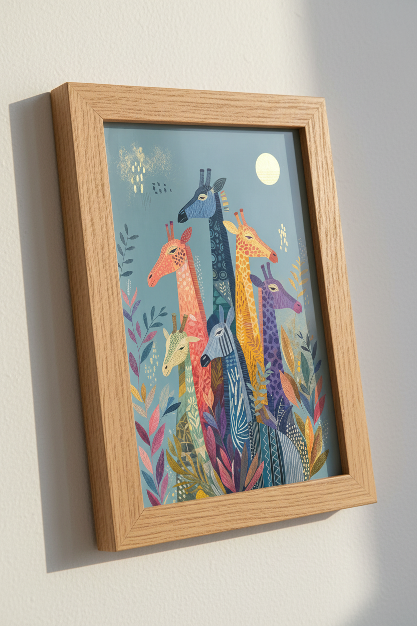 Colorful Folk Art Giraffes | Patterned Safari Animal Poster, Modern Nursery Decor