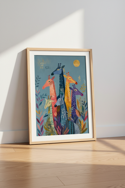 Colorful Folk Art Giraffes | Patterned Safari Animal Poster, Modern Nursery Decor