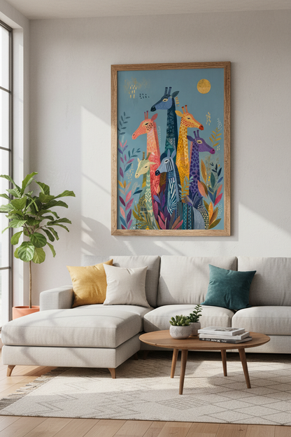 Colorful Folk Art Giraffes | Patterned Safari Animal Poster, Modern Nursery Decor