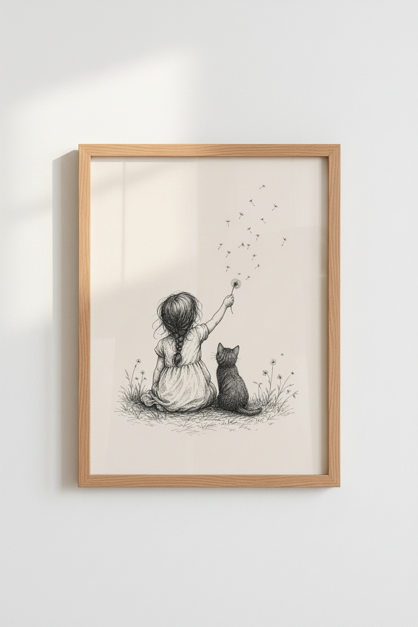 Girl and Cat Dandelion Sketch | Nursery Wall Art, Minimalist Whimsical Print