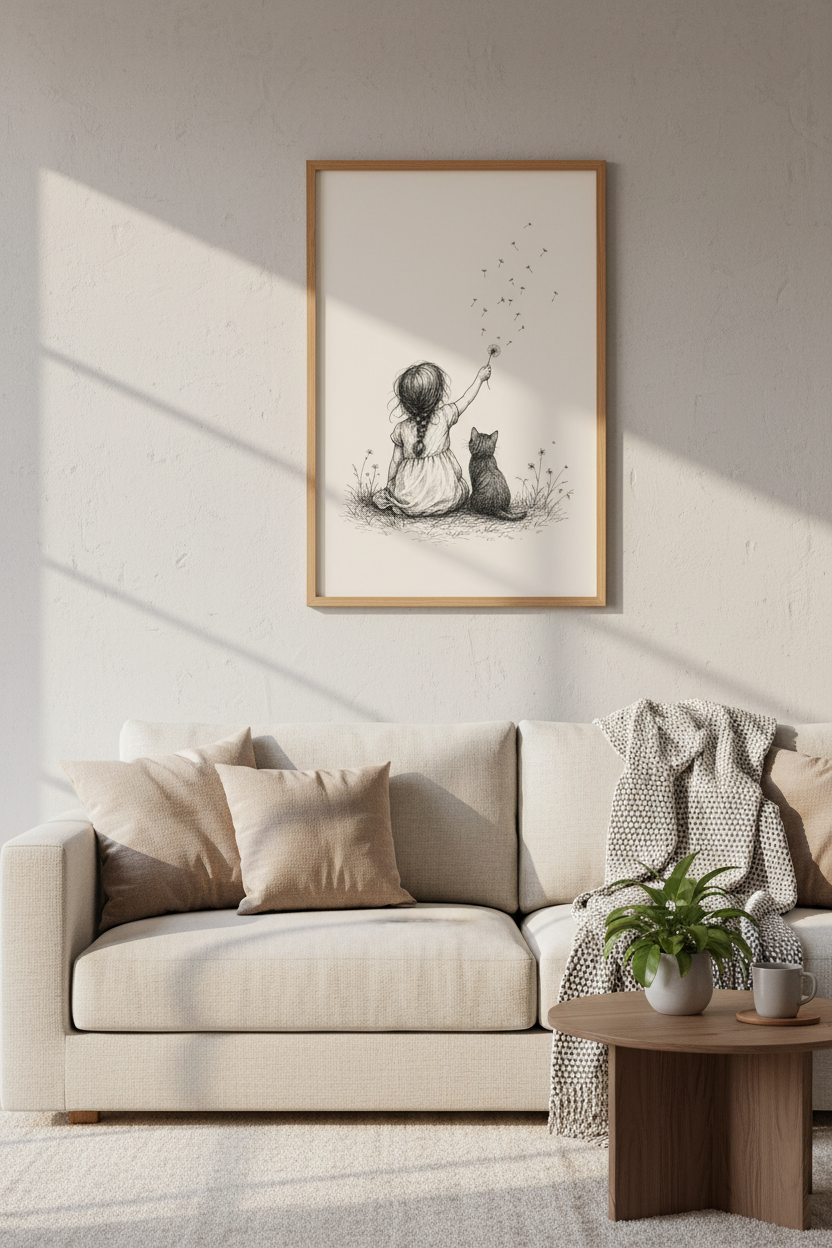 Girl and Cat Dandelion Sketch | Nursery Wall Art, Minimalist Whimsical Print