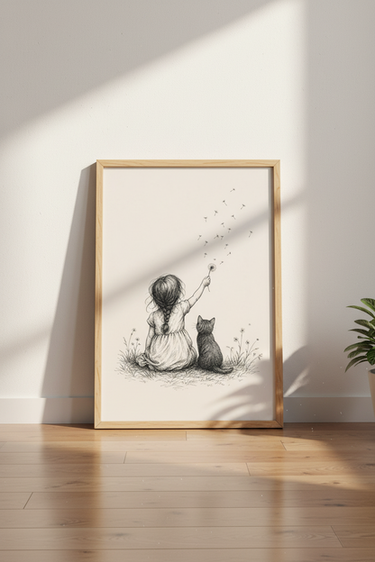 Girl and Cat Dandelion Sketch | Nursery Wall Art, Minimalist Whimsical Print