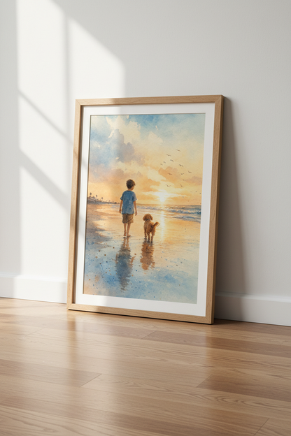 Boy and Dog Beach Watercolor Print | Coastal Nursery Decor | Sunset Poster
