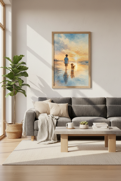 Boy and Dog Beach Watercolor Print | Coastal Nursery Decor | Sunset Poster