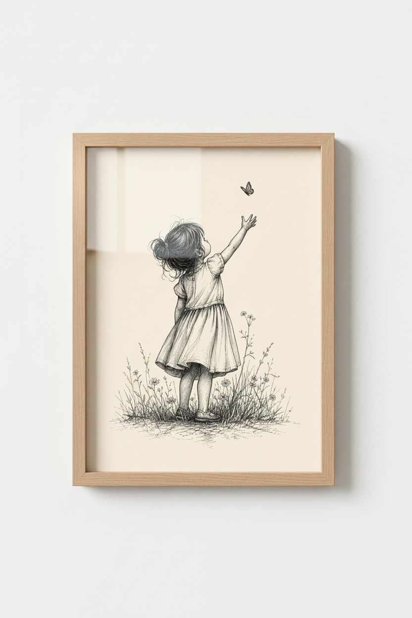 Girl with Butterfly Sketch | Vintage Ink Drawing, Nursery Wall Art Print