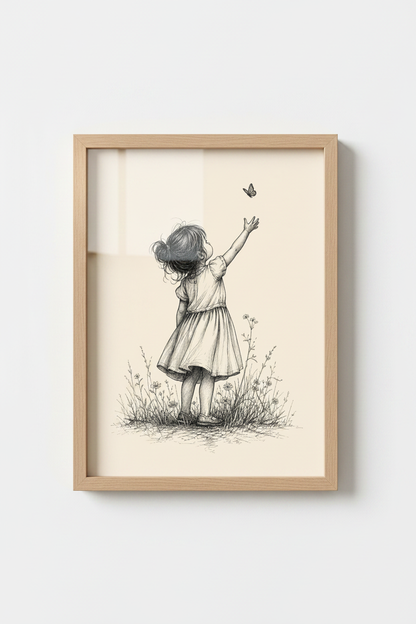 Girl with Butterfly Sketch | Vintage Ink Drawing, Nursery Wall Art Print