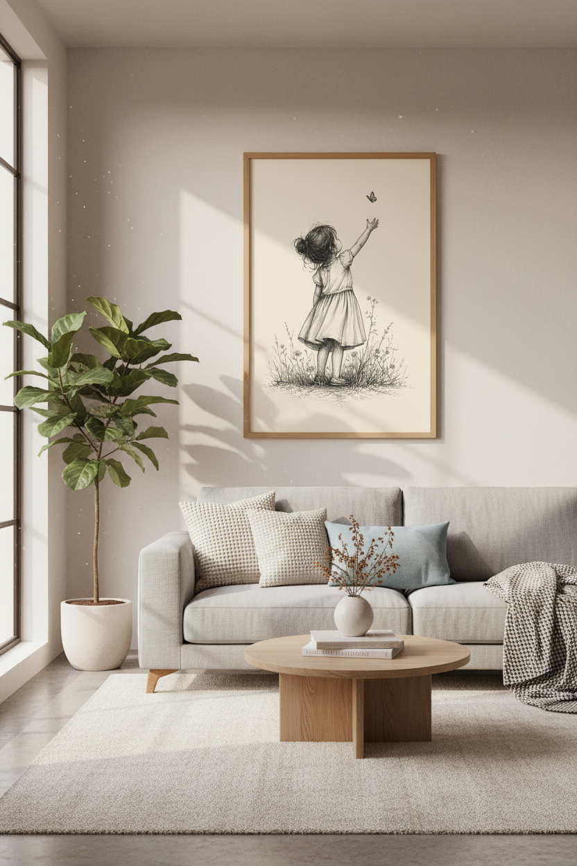 Girl with Butterfly Sketch | Vintage Ink Drawing, Nursery Wall Art Print