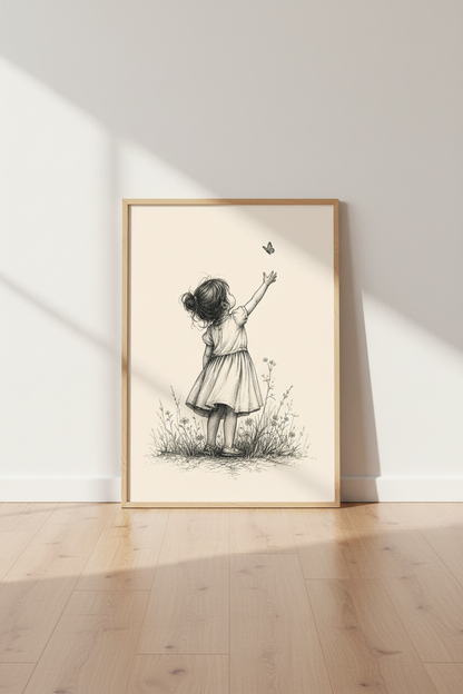 Girl with Butterfly Sketch | Vintage Ink Drawing, Nursery Wall Art Print