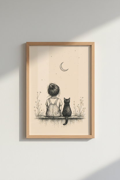 Girl and Black Cat Moon Art Print | Nursery Poster | Whimsical Sketch Decor